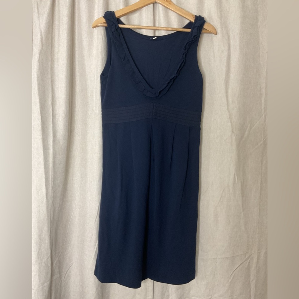 J Crew Piqué V-neck Ruffle Dress 2 V-Neck Navy Blue 100% Cotton
